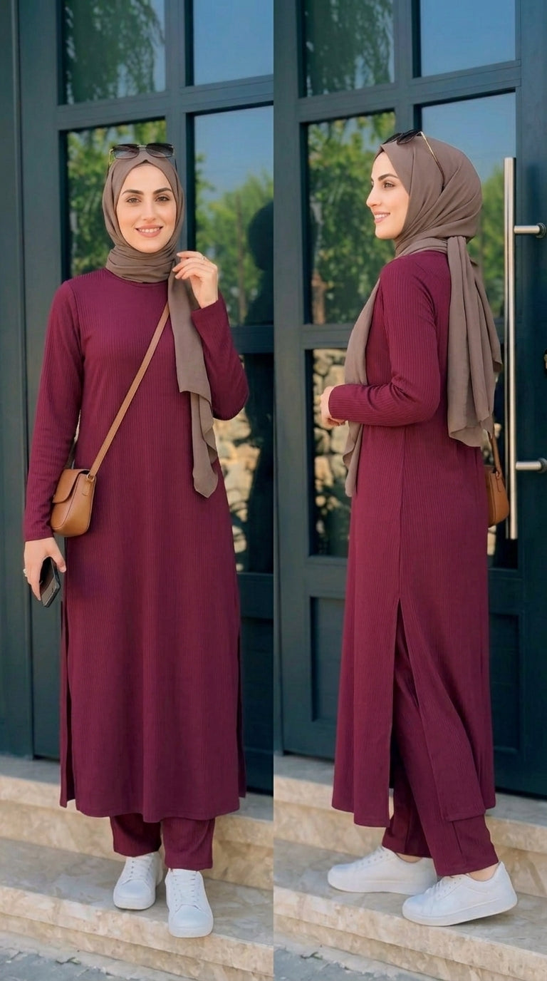 Women's Solid Color Two-Piece Set | Long Sleeve Top & Wide Leg Pants Co-ord Set | Casual Wear Co ord Set