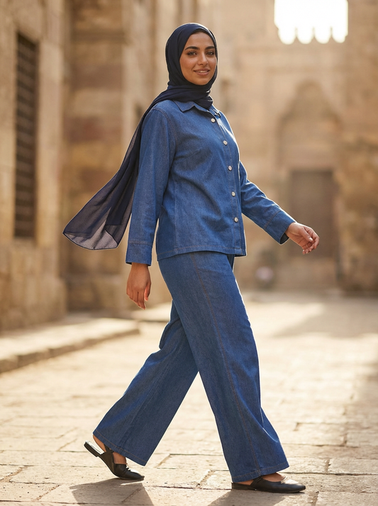 Denim Co-Ord Set – Oversized Button Down Shirt with Elastic Cuffs and Wide Leg Jeans – Casual Two Piece Jean Outfit for Everyday