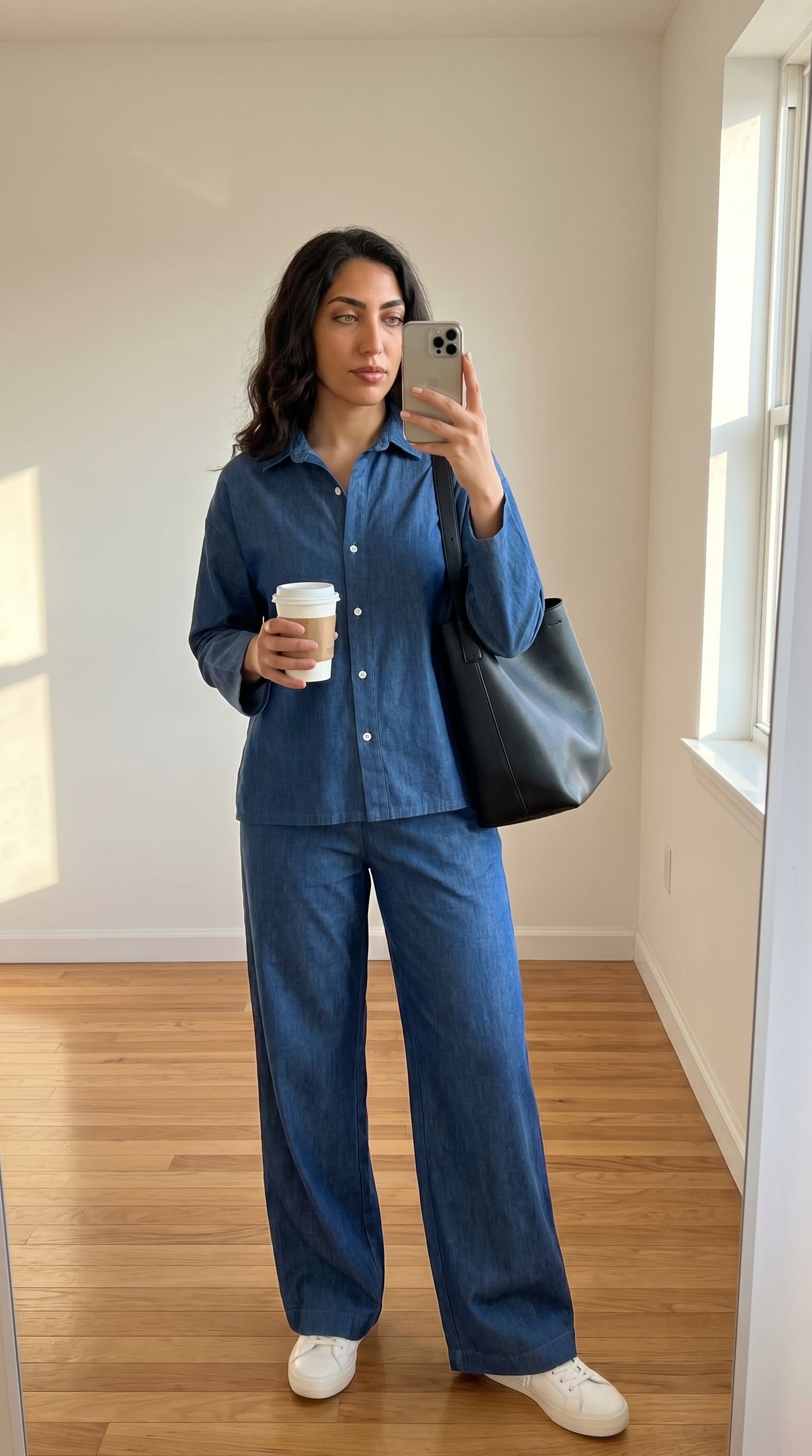 Denim Co-Ord Set – Oversized Button Down Shirt with Elastic Cuffs and Wide Leg Jeans – Casual Two Piece Jean Outfit for Everyday