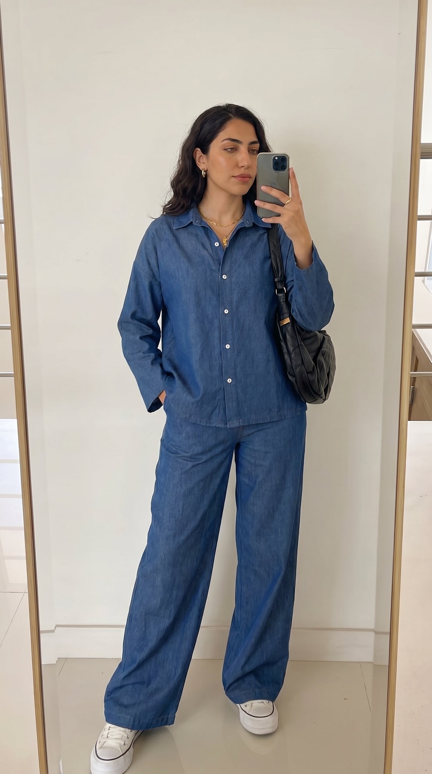 Denim Co-Ord Set – Oversized Button Down Shirt with Elastic Cuffs and Wide Leg Jeans – Casual Two Piece Jean Outfit for Everyday