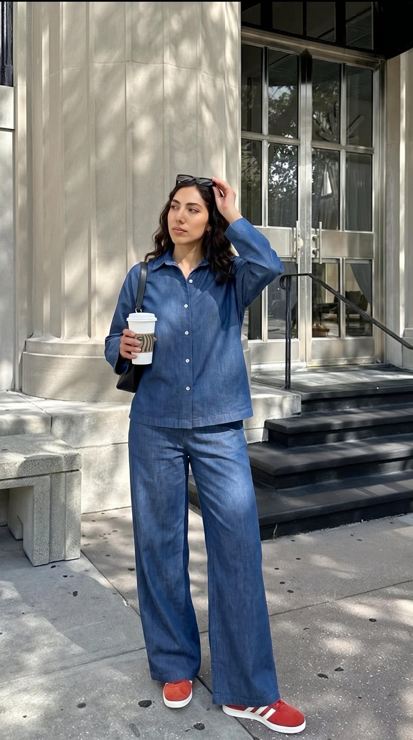 Denim Co-Ord Set – Oversized Button Down Shirt with Elastic Cuffs and Wide Leg Jeans – Casual Two Piece Jean Outfit for Everyday