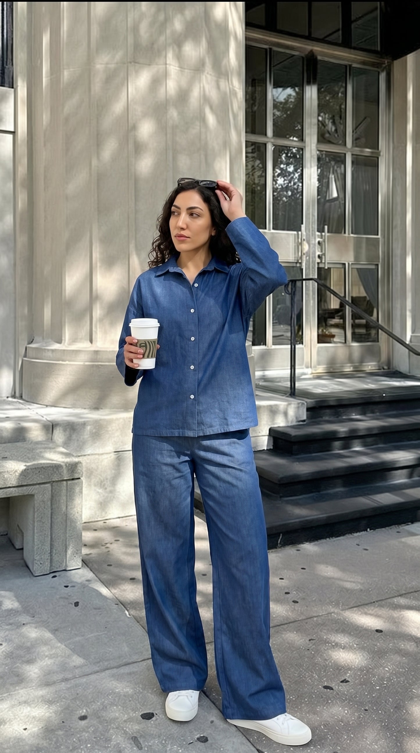 Denim Co-Ord Set – Oversized Button Down Shirt with Elastic Cuffs and Wide Leg Jeans – Casual Two Piece Jean Outfit for Everyday