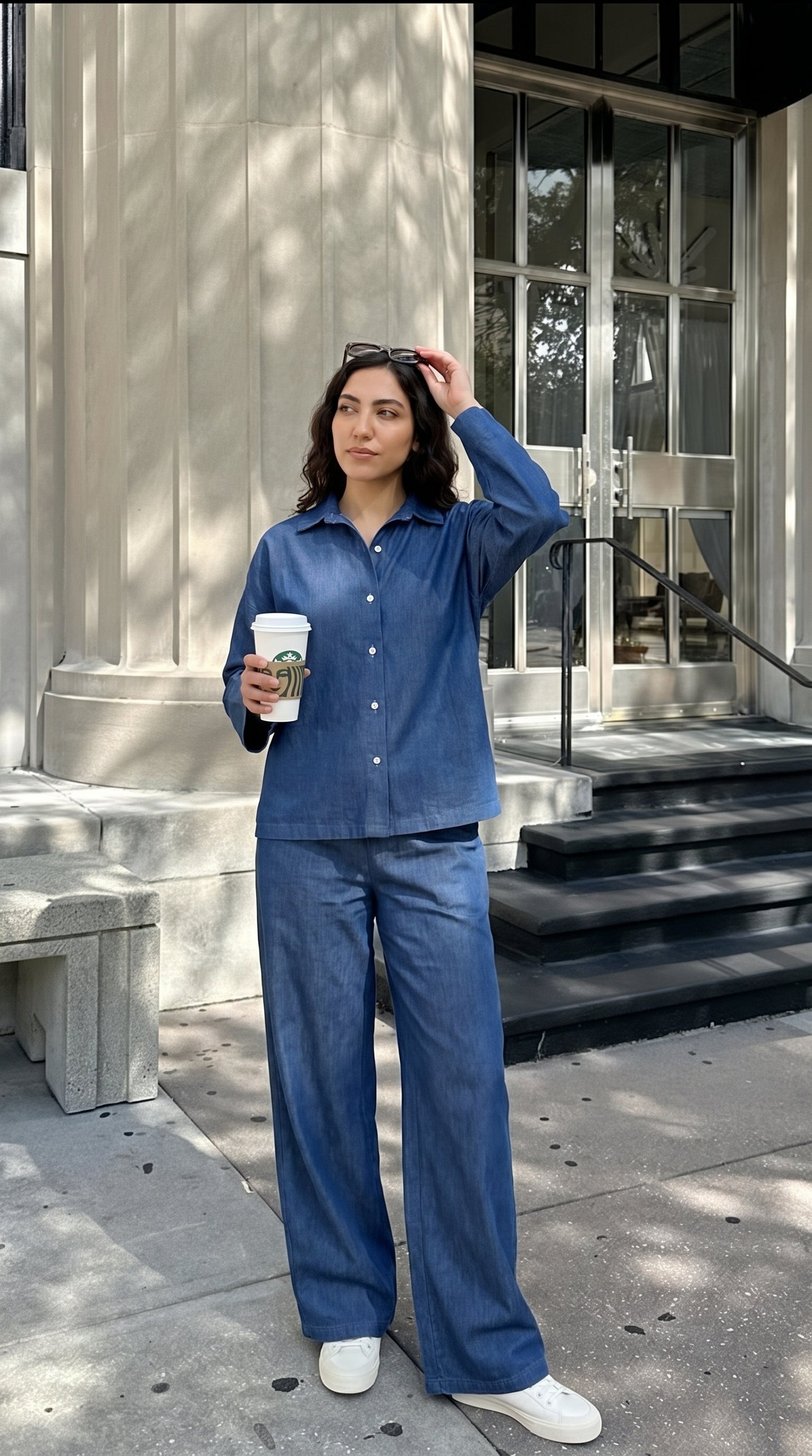 Denim Co-Ord Set – Oversized Button Down Shirt with Elastic Cuffs and Wide Leg Jeans – Casual Two Piece Jean Outfit for Everyday