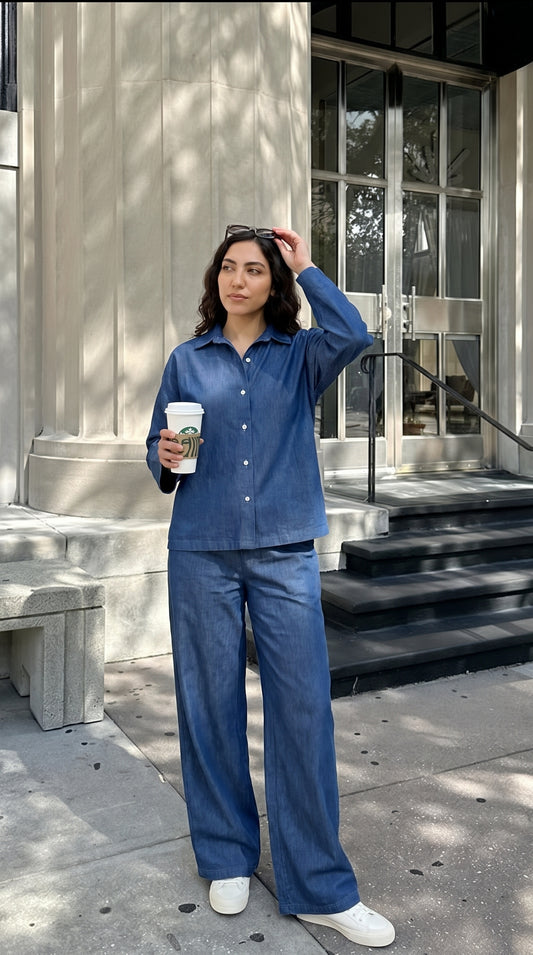 Denim Co-Ord Set – Oversized Button Down Shirt with Elastic Cuffs and Wide Leg Jeans – Casual Two Piece Jean Outfit for Everyday