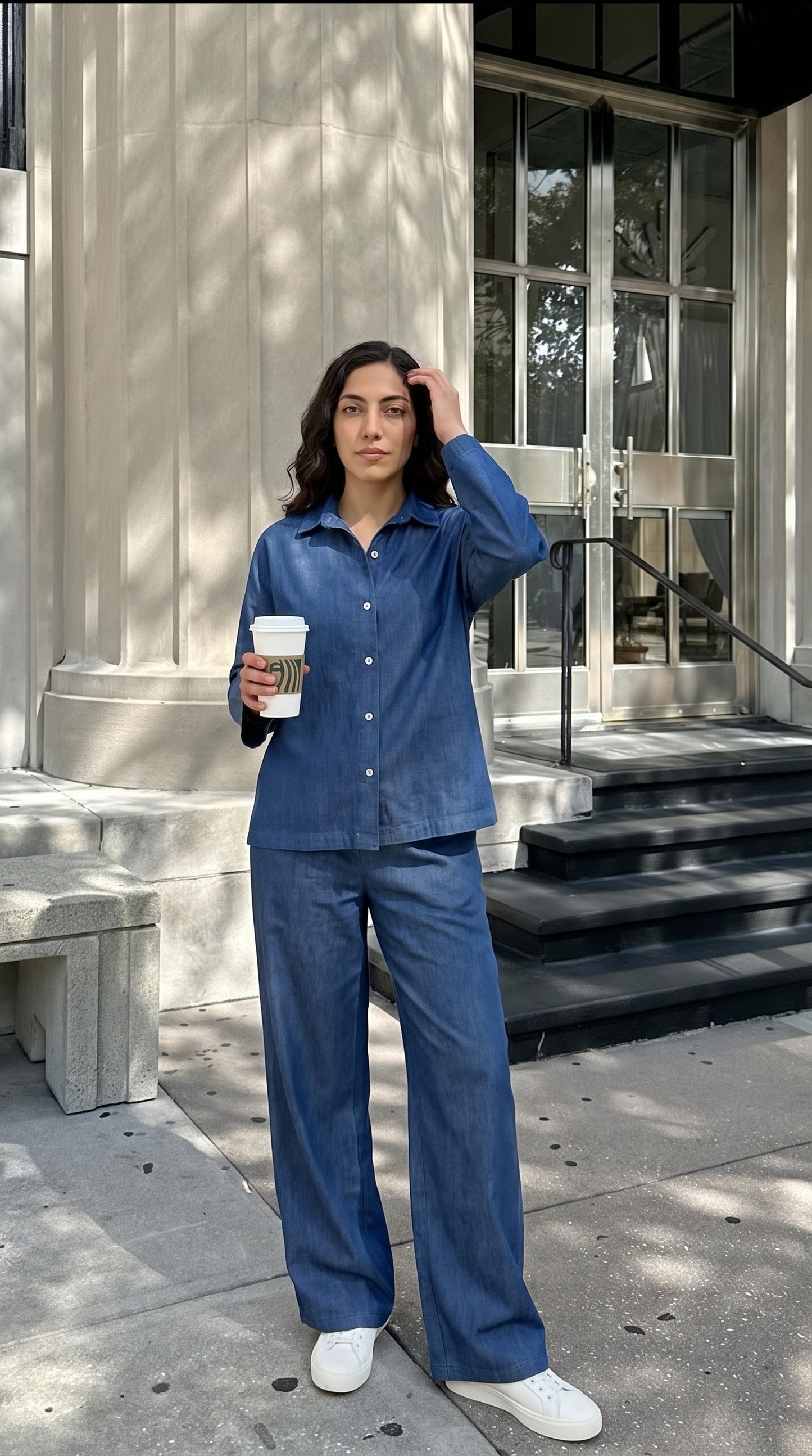 Denim Co-Ord Set – Oversized Button Down Shirt with Elastic Cuffs and Wide Leg Jeans – Casual Two Piece Jean Outfit for Everyday