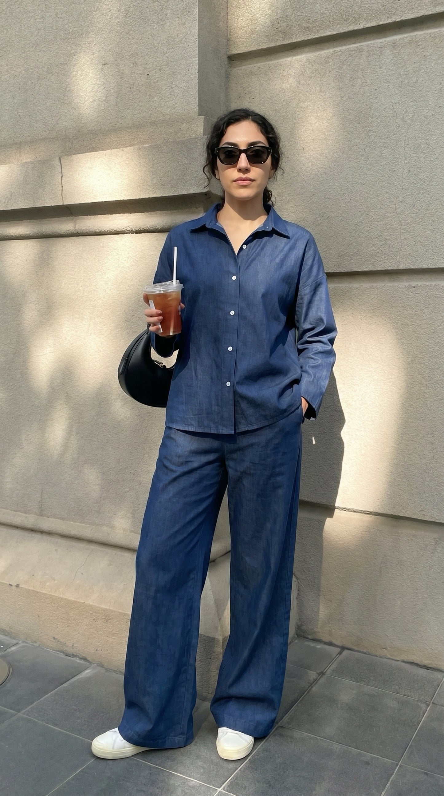 Denim Co-Ord Set – Oversized Button Down Shirt with Elastic Cuffs and Wide Leg Jeans – Casual Two Piece Jean Outfit for Everyday