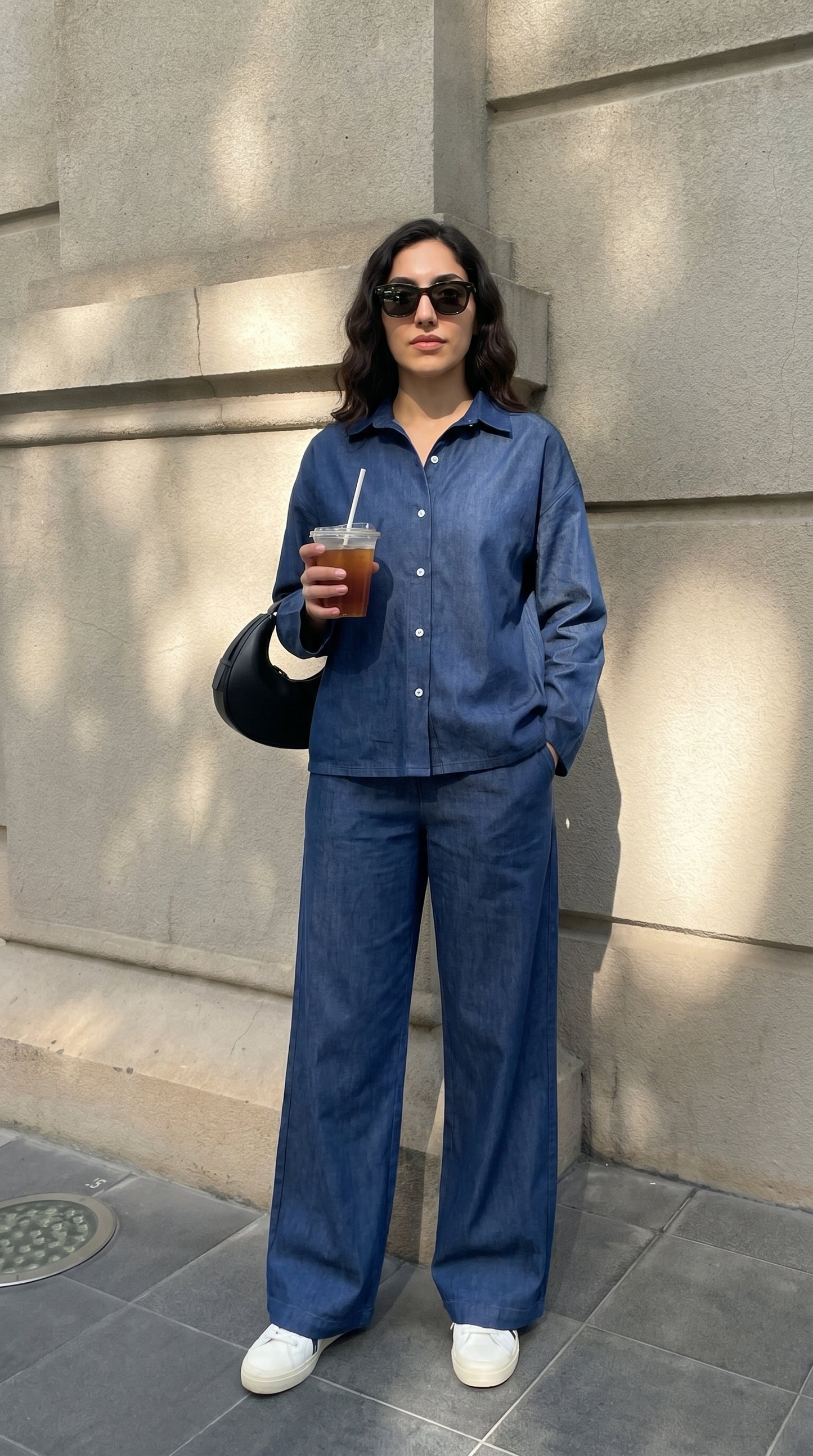 Denim Co-Ord Set – Oversized Button Down Shirt with Elastic Cuffs and Wide Leg Jeans – Casual Two Piece Jean Outfit for Everyday