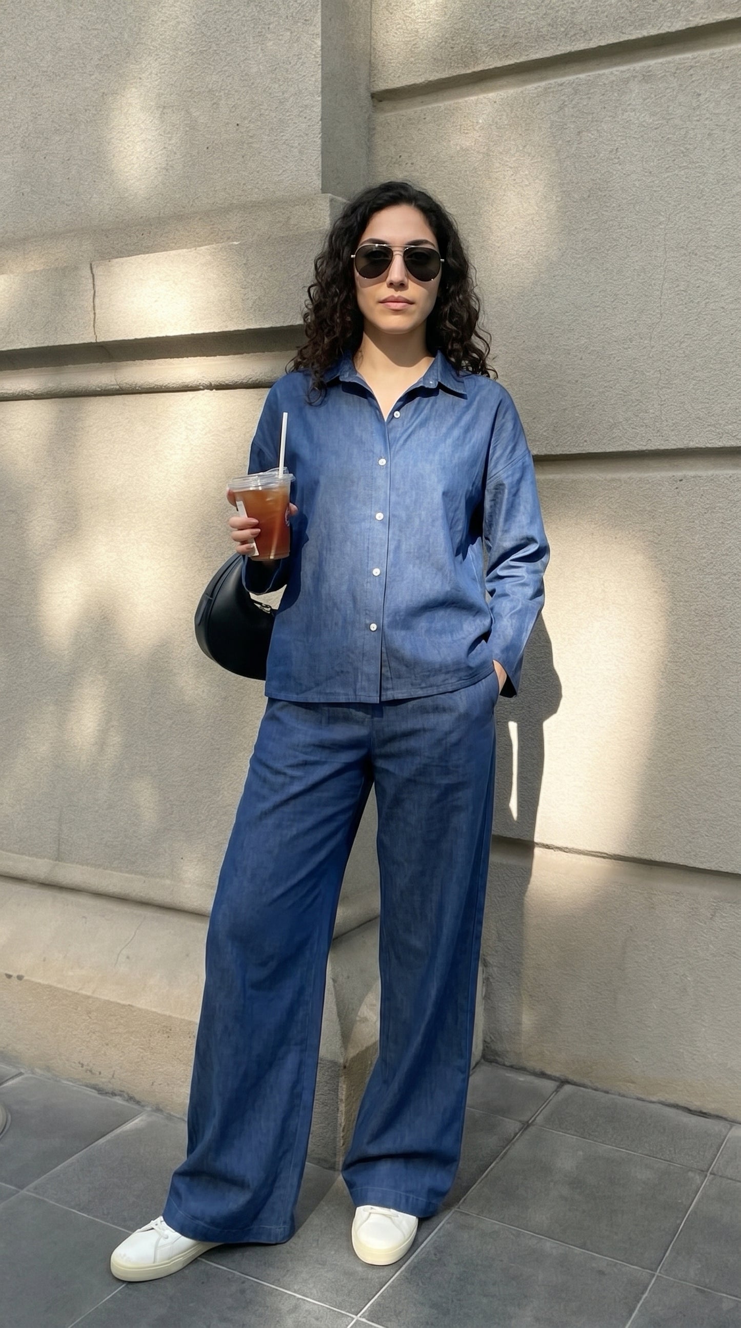 Denim Co-Ord Set – Oversized Button Down Shirt with Elastic Cuffs and Wide Leg Jeans – Casual Two Piece Jean Outfit for Everyday