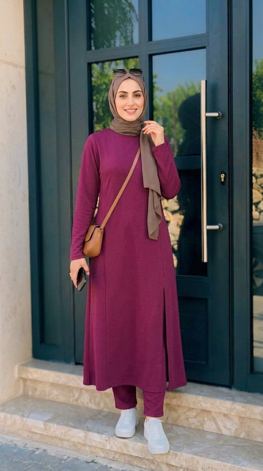 Women's Solid Color Two-Piece Set | Long Sleeve Top & Wide Leg Pants Co-ord Set | Casual Wear Co ord Set