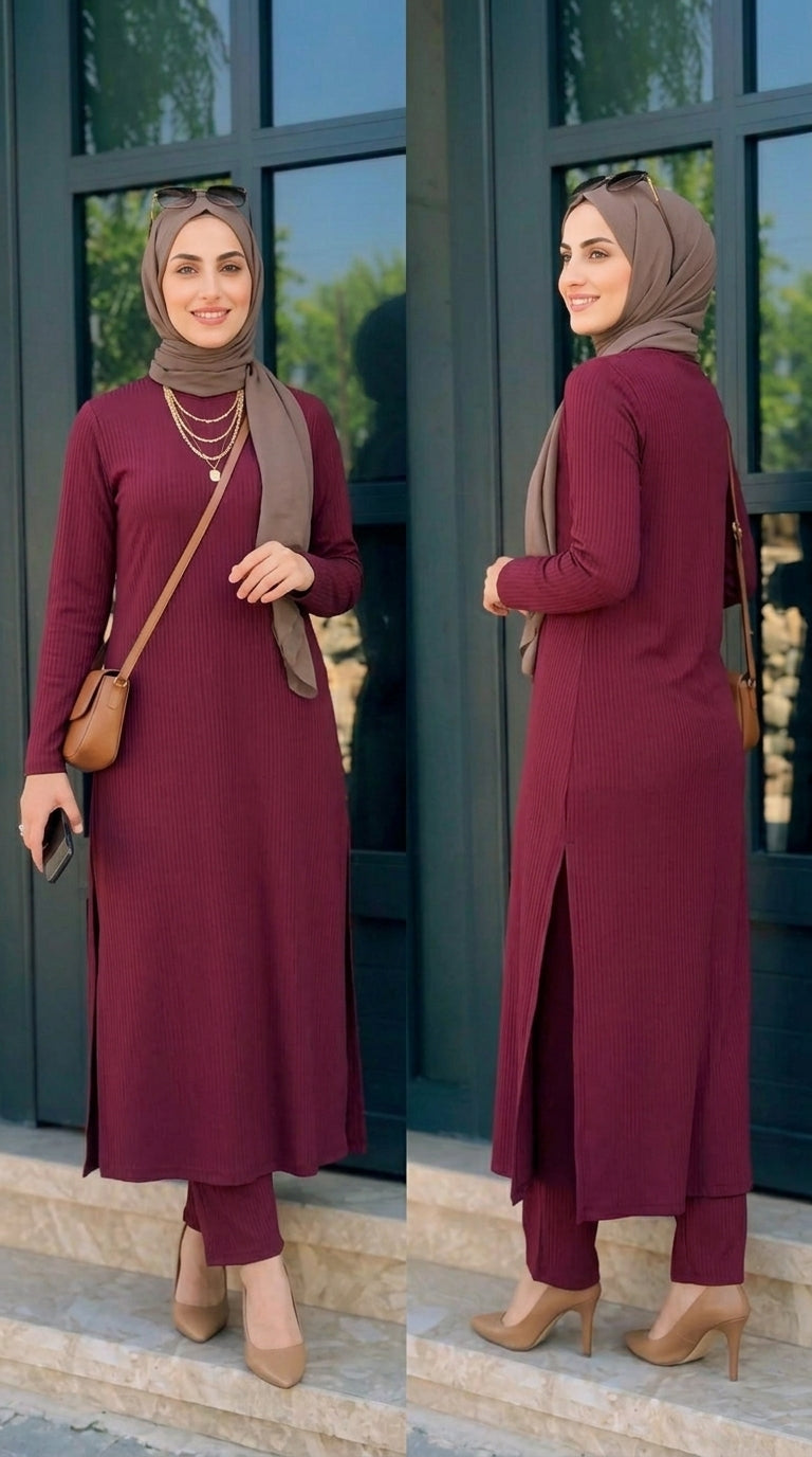 Women's Solid Color Two-Piece Set | Long Sleeve Top & Wide Leg Pants Co-ord Set | Casual Wear Co ord Set