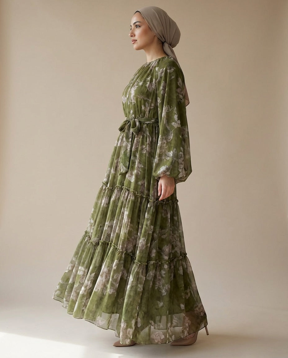 Women'S Long Chiffon Printed Dress in Middle Eastern Muslim Style