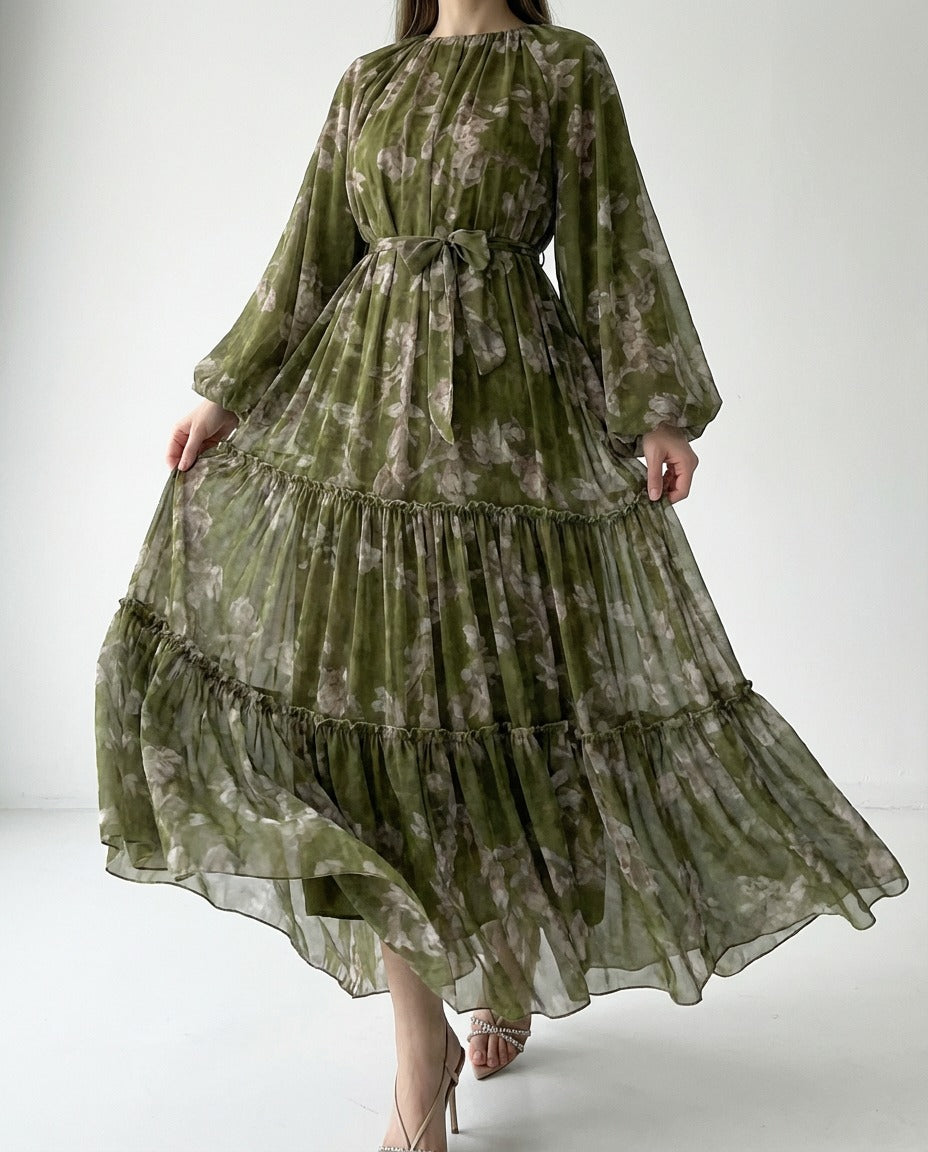 Women'S Long Chiffon Printed Dress in Middle Eastern Muslim Style