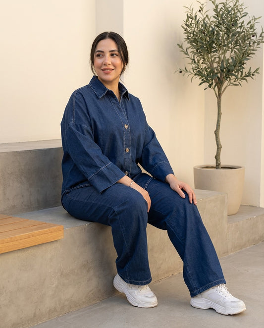 Denim Co-Ord Set – Oversized Button Down Shirt with Elastic Cuffs and Wide Leg Jeans – Casual Two Piece Jean Outfit for Everyday