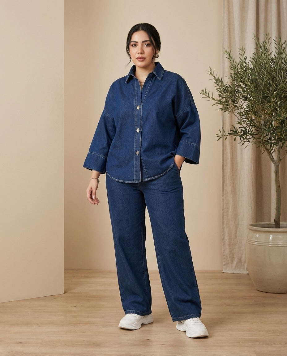 Denim Co-Ord Set – Oversized Button Down Shirt with Elastic Cuffs and Wide Leg Jeans – Casual Two Piece Jean Outfit for Everyday