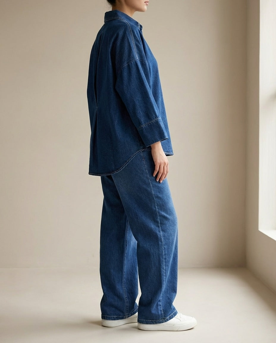 Denim Co-Ord Set – Oversized Button Down Shirt with Elastic Cuffs and Wide Leg Jeans – Casual Two Piece Jean Outfit for Everyday