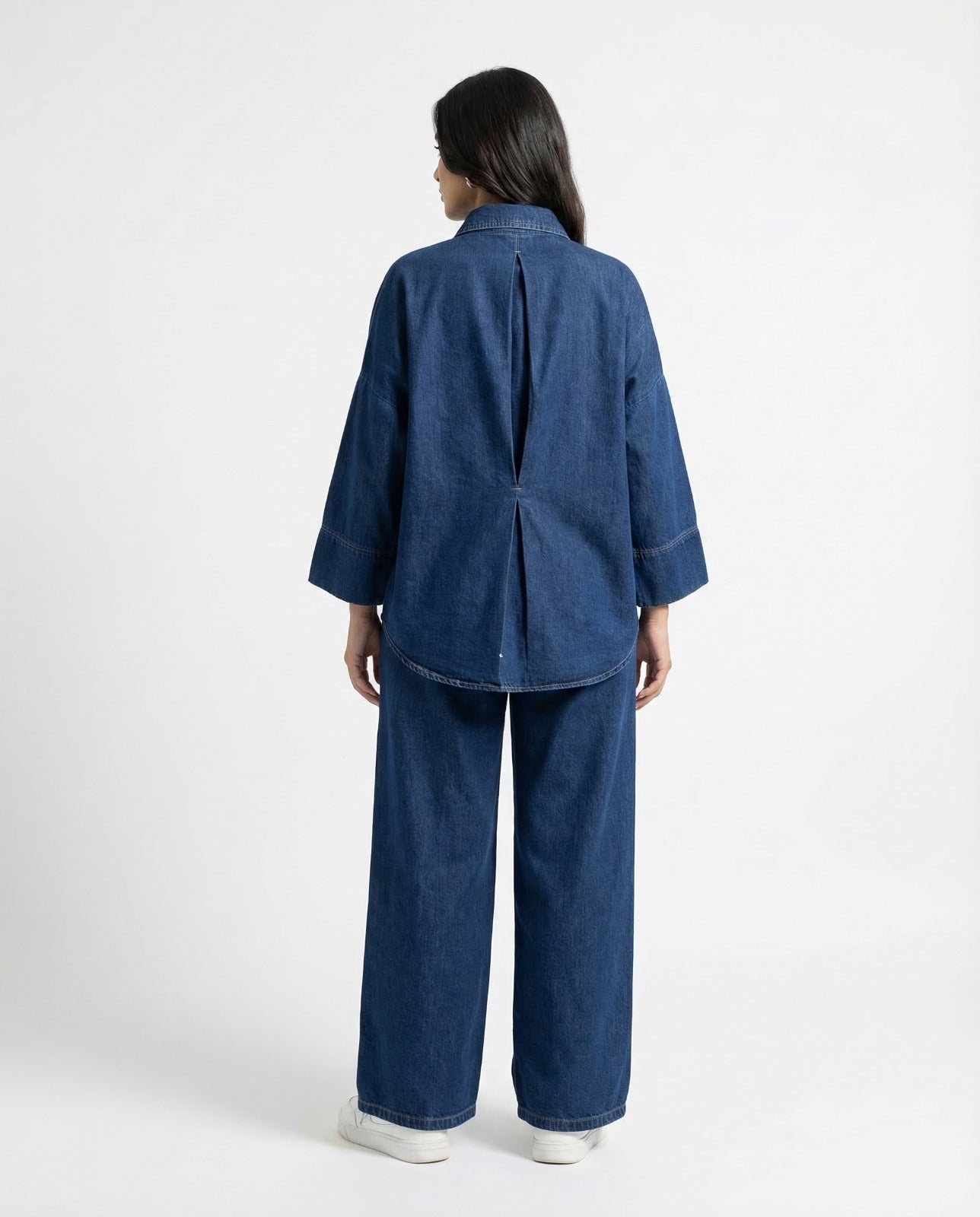 Denim Co-Ord Set – Oversized Button Down Shirt with Elastic Cuffs and Wide Leg Jeans – Casual Two Piece Jean Outfit for Everyday