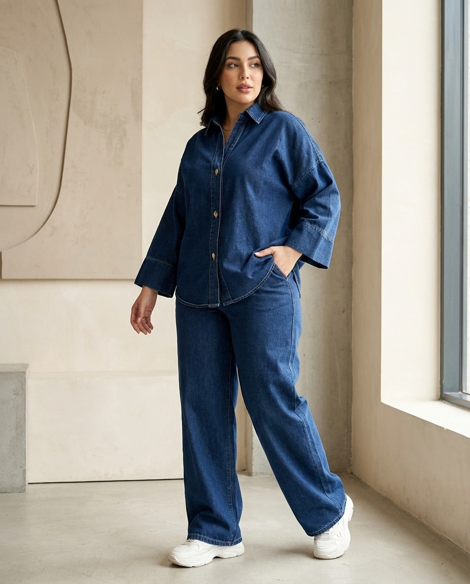 Denim Co-Ord Set – Oversized Button Down Shirt with Elastic Cuffs and Wide Leg Jeans – Casual Two Piece Jean Outfit for Everyday