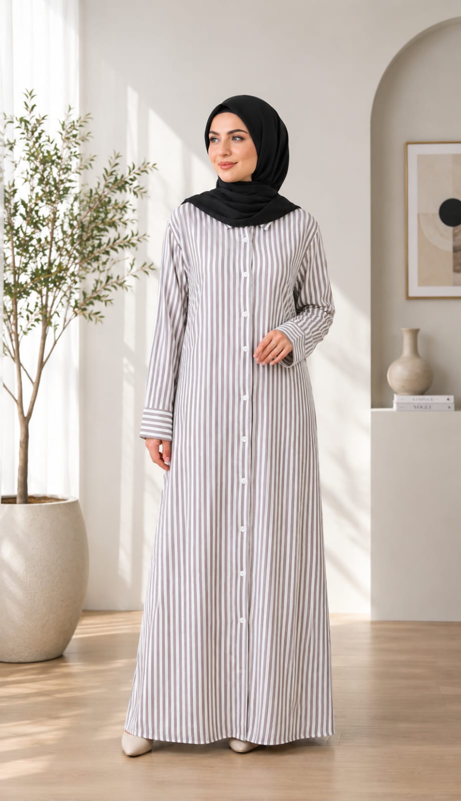 Women’s Modest Striped Long Shirt Dress