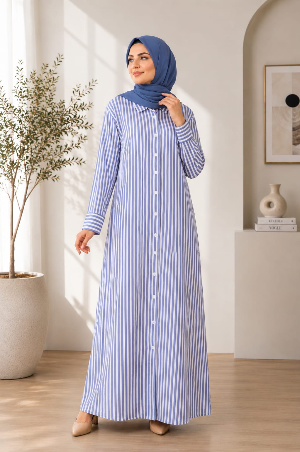 Women’s Modest Striped Long Shirt Dress