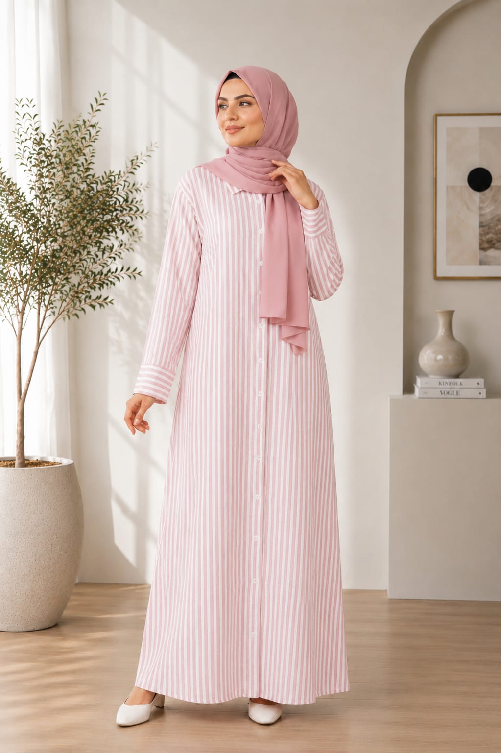 Women’s Modest Striped Long Shirt Dress