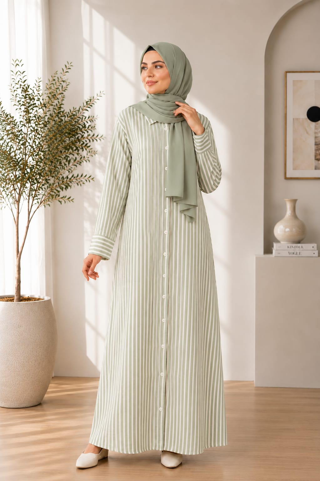 Women’s Modest Striped Long Shirt Dress