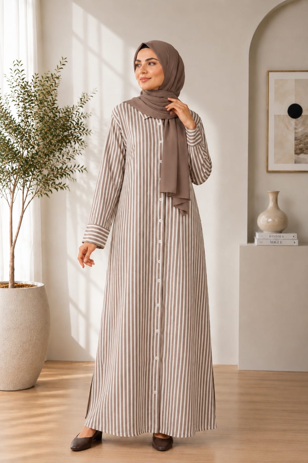 Women’s Modest Striped Long Shirt Dress
