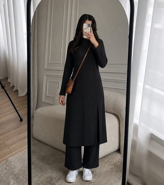 Women's Solid Color Two-Piece Set | Long Sleeve Top & Wide Leg Pants Co-ord Set | Casual Wear Co ord Set