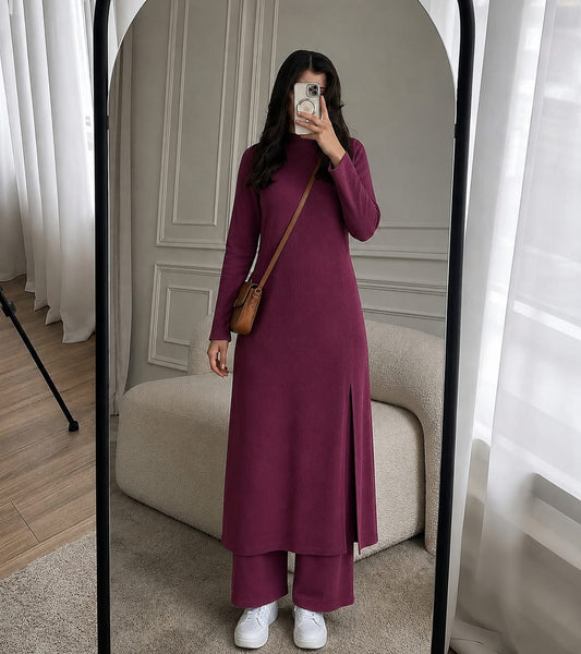 Women's Solid Color Two-Piece Set | Long Sleeve Top & Wide Leg Pants Co-ord Set | Casual Wear Co ord Set
