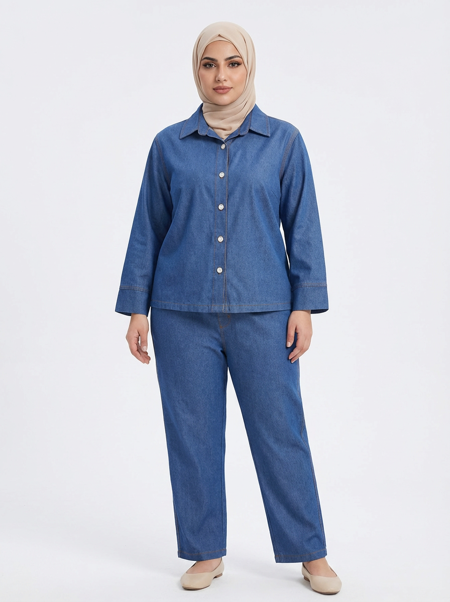 Denim Co-Ord Set – Oversized Button Down Shirt with Elastic Cuffs and Wide Leg Jeans – Casual Two Piece Jean Outfit for Everyday
