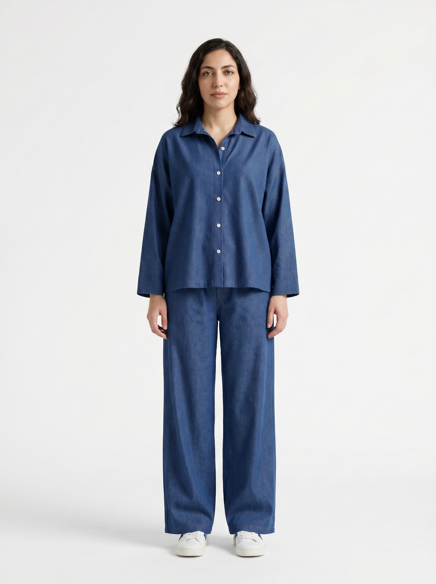 Denim Co-Ord Set – Oversized Button Down Shirt with Elastic Cuffs and Wide Leg Jeans – Casual Two Piece Jean Outfit for Everyday