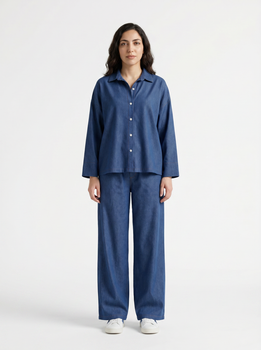 Denim Co-Ord Set – Oversized Button Down Shirt with Elastic Cuffs and Wide Leg Jeans – Casual Two Piece Jean Outfit for Everyday