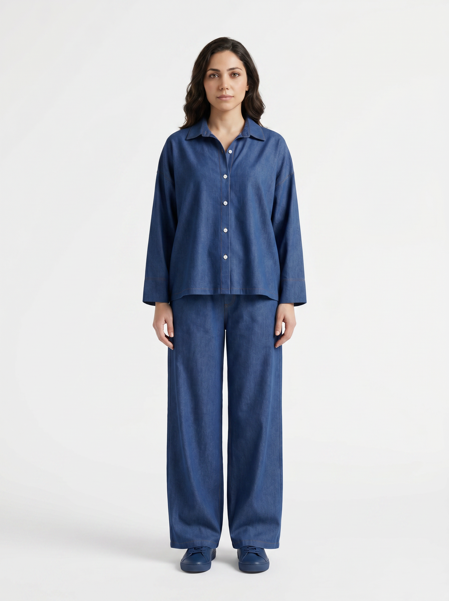 Denim Co-Ord Set – Oversized Button Down Shirt with Elastic Cuffs and Wide Leg Jeans – Casual Two Piece Jean Outfit for Everyday