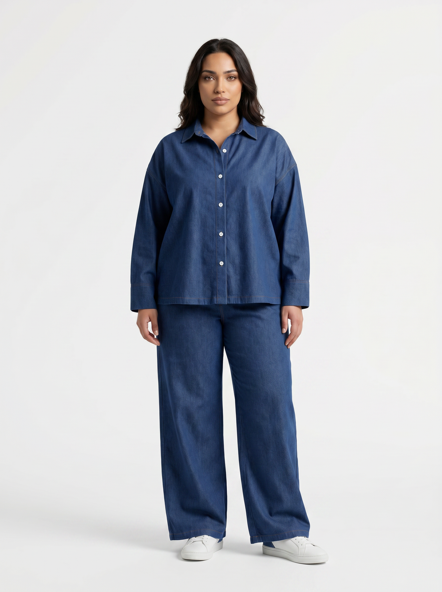 Denim Co-Ord Set – Oversized Button Down Shirt with Elastic Cuffs and Wide Leg Jeans – Casual Two Piece Jean Outfit for Everyday