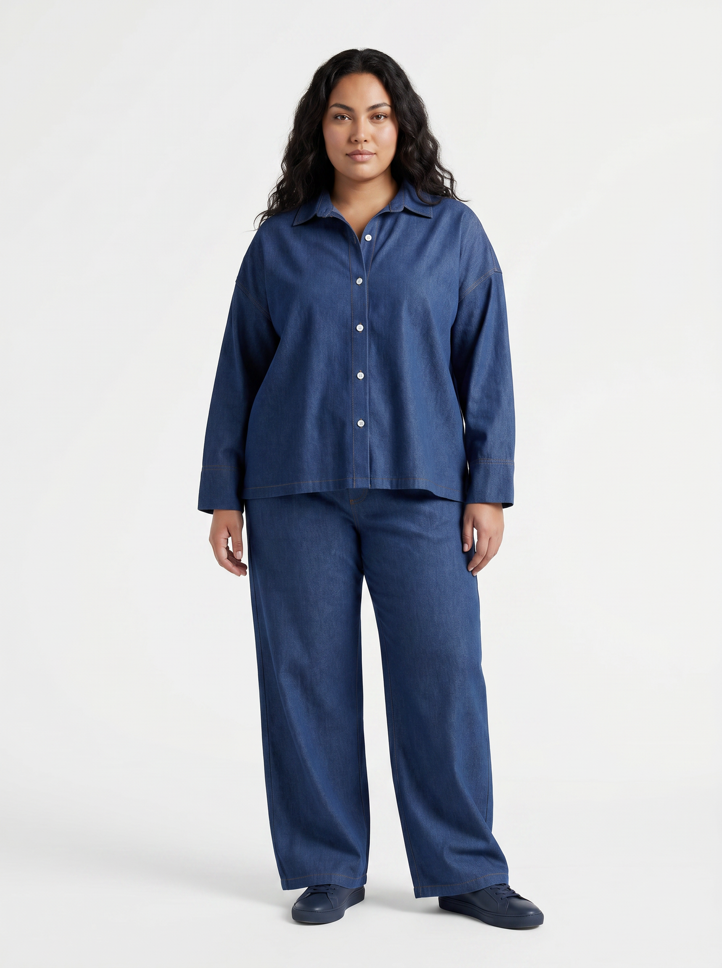 Denim Co-Ord Set – Oversized Button Down Shirt with Elastic Cuffs and Wide Leg Jeans – Casual Two Piece Jean Outfit for Everyday